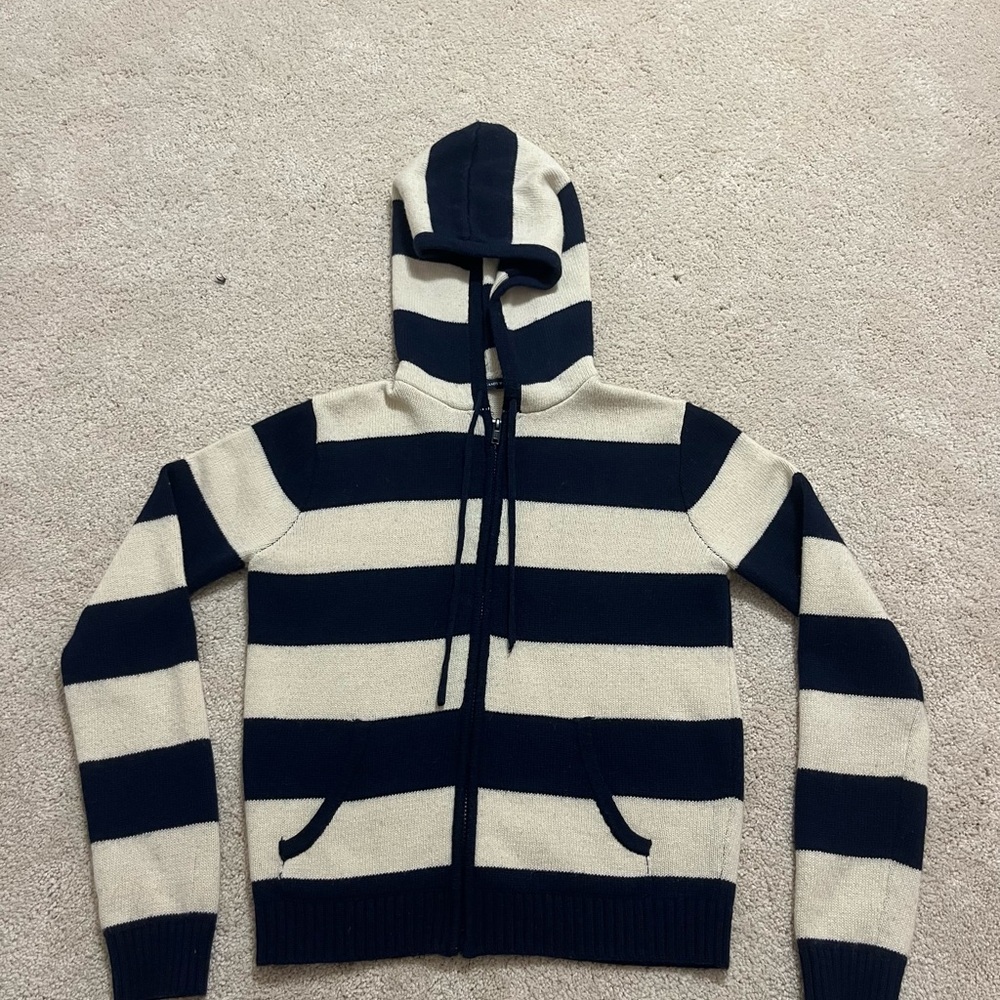 Brandy Melville Striped Black and Cream Zip Up Sweater